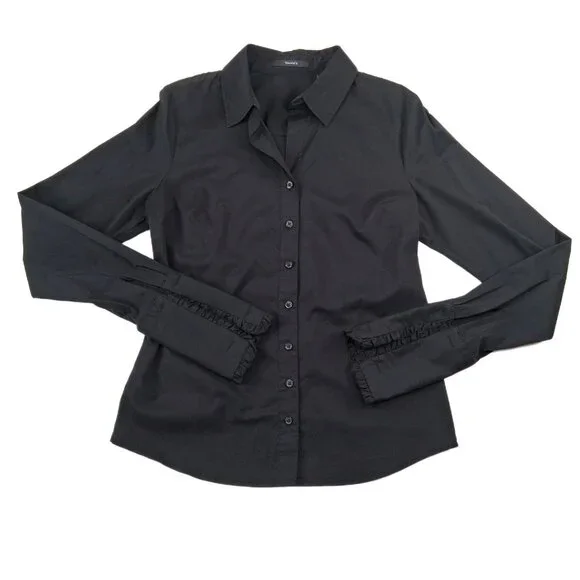 Tahari Black Button Front Shirt French Cuffs Pick Stitch Tailored Stretch SZ M - Picture 5 of 13